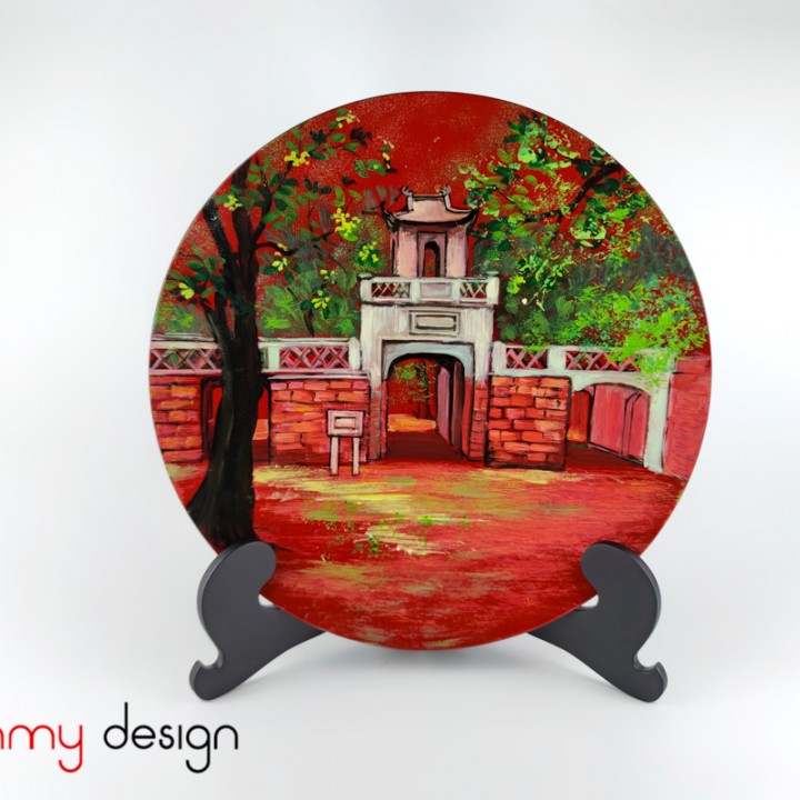 Red round lacquer dish hand-painted with The Temple of Literature included with stand 30 cm